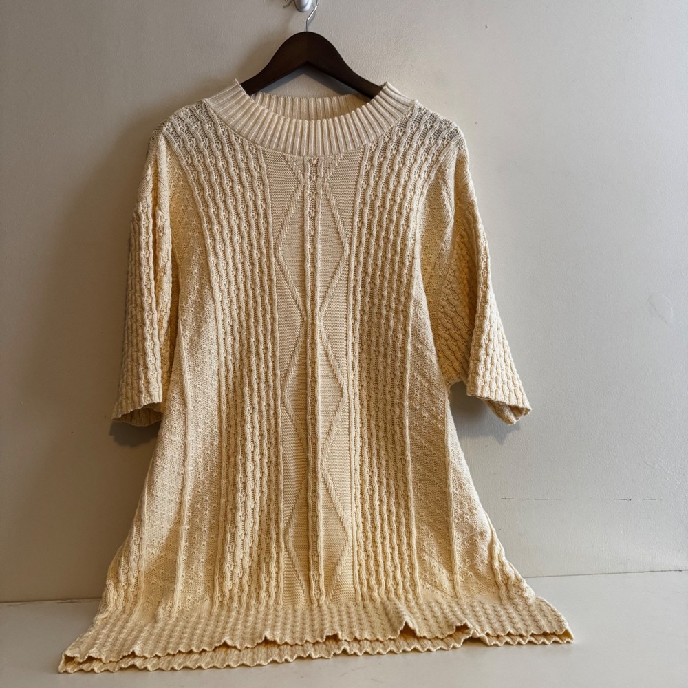 VTG Women's Ivory Cable Knit Sweater Short Sleeve 2X Preppy Old Money Fisherman